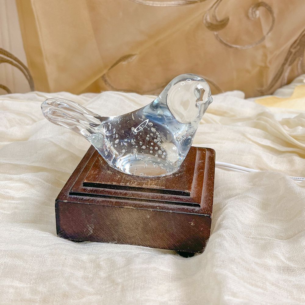 Hand Blown Glass with Controlled Bubble Bird Light on Wooden Base